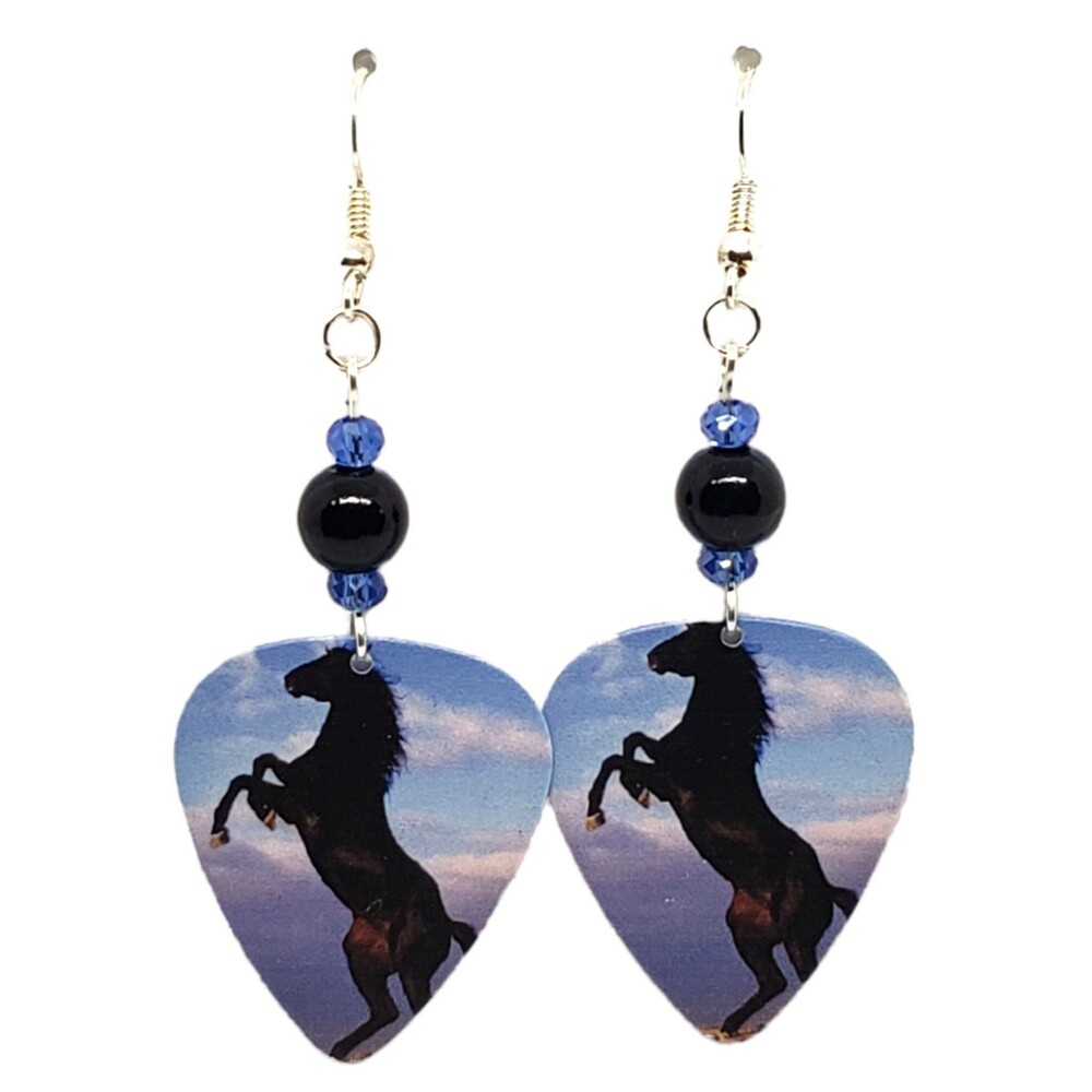 Rearing Horse Black Stallion Guitar Pick Beaded Earrings - Handmade in USA
